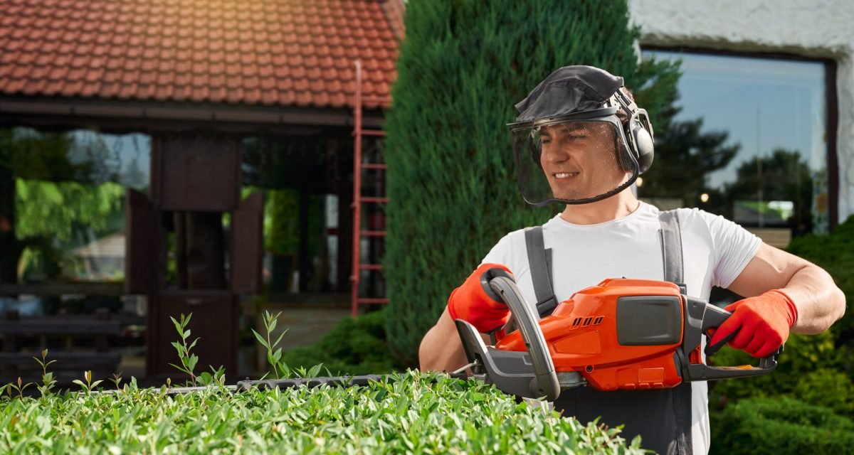 Handsome young man in safety mask and gloves shaping overgrown bushes at garden. Caucasian male using hand electric cutter for work outdoors.